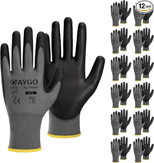 KAYGO Work Gloves for Men and Women,12 Pairs Seamless Knit PU Coated Safety Gloves, with Smooth Grip on Palm and Fingers, Ideal for Light Warehouse, Manufacturing, Gardening, KG11P (L,Gray)