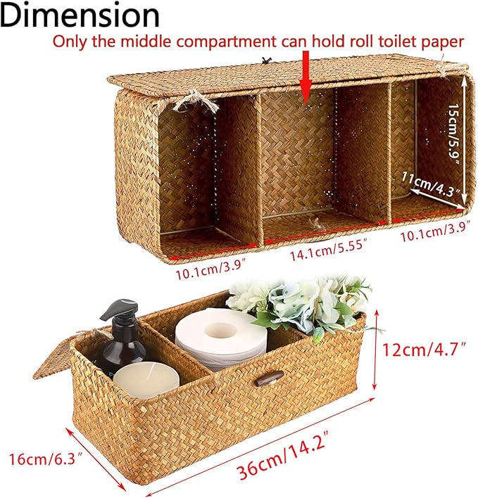 Hipiwe Seagrass Storage Basket Bin with Lid Rectangular Woven Shelf Baskets for Closets Bathroom Kitchen Shelf Organizing, Caramel, 14.2" x 6.3'' x 4.7''