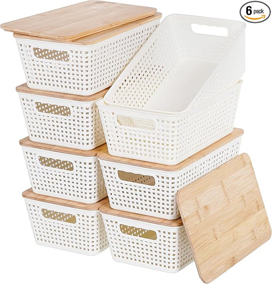 Storage Bins with Lids 8 Packs, Plastic Storage Bins with Bamboo Lids for Pantry Organization and Storage Containers for Shelves Drawers Desktop Closet Playroom Classroom Office Home, White