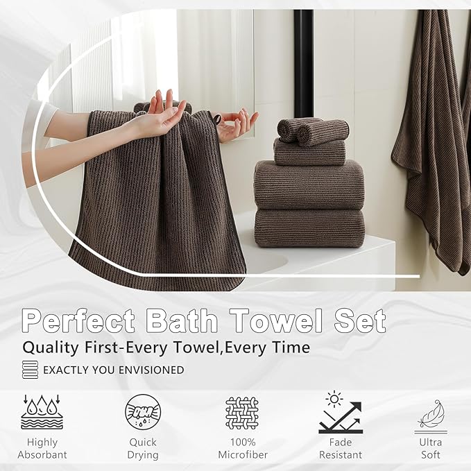 8-Piece Premium Towel Set for Bathroom|2 Oversized Large Bath Sheet,2 Hand Towels,4 Washcloths|Soft Cozy Highly Absorbent Fast Dry Microfiber Shower Towel Set for Hotel Bathroom Essentials,Dark Brown