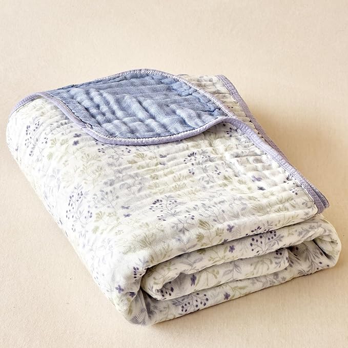 100% Cotton Muslin Throw Blanket 6-Layer Gauze Floral Pattern Blanket Lightweight Soft Breathable Quilt for All Season Both Sides for Couch Sofa Bed (Leaves Purple, Throw 50"x60")