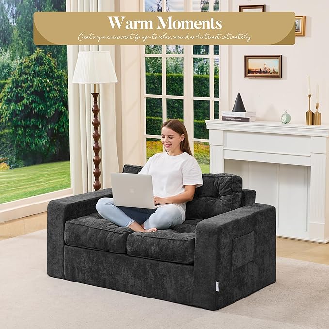 Hobestluk Sofa Couch Loveseat Sofa with Chenille Fabric 2-Seater Sofa for Small Spaces Comfortable Foam Floor Sofa 2 in 1 Boneless Couch for Living Room Bedroom Apartment or Office (Grey, Loveseat)