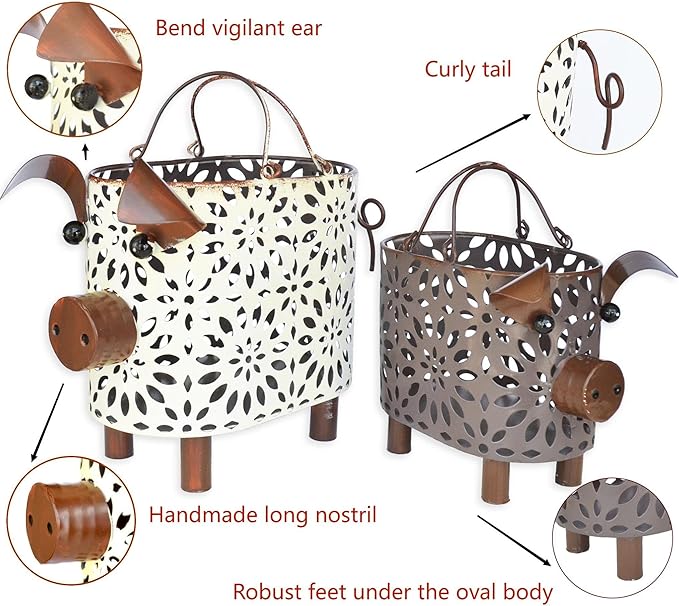 Zoreal Metal Decorative Small Baskets,Narrow Baskets with Handles for Storage,Pig Designs Farmhouse Cute Basket for Kitchen,Bathroom,Livingroom,Office Shelf Decor Aesthetic set of 2
