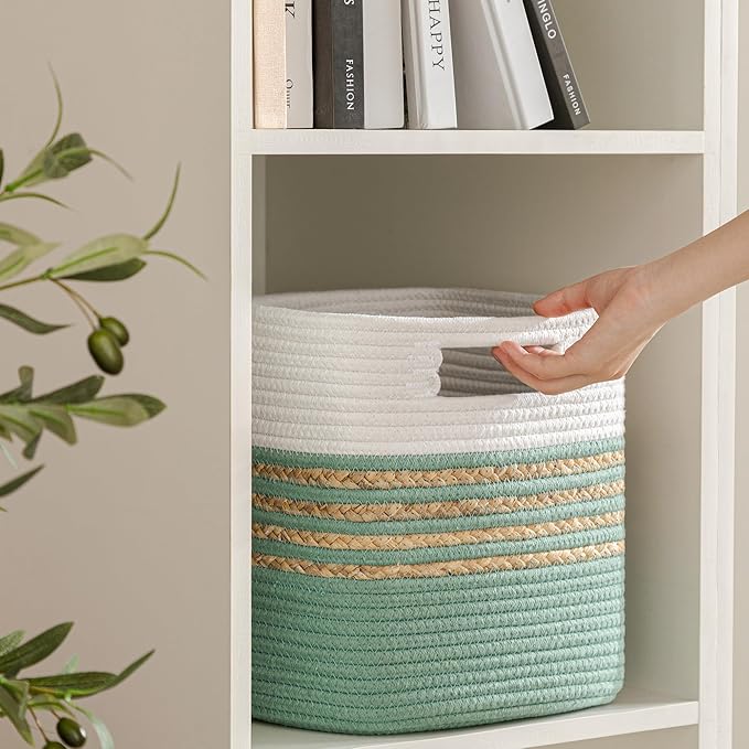 UBBCARE Set of 4 Storage Cubes 11 X 10.5 X 10.5 in, Water Hyacinth Storage Bins for Shelves, Toys, Books, Organizing Baskets with Handles, Cotton Rope Woven Baskets, Green