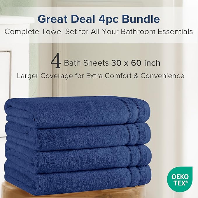 Comfort Spaces Extra Large Bath Towel Set of 4 Piece 30x60 Bath Sheet Set Shower Towel Beach Towel 100% Cotton Bathroom Towel Set Quick Dry Oversized Highly Absorbent Soft 400GSM Indigo Navy Blue