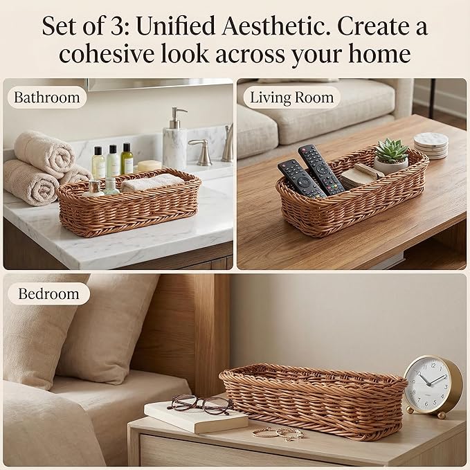 3 Pack Small Bathroom Vanity Trays, Waterproof Plastic Rattan Toilet Tank Organizers, 9.8" Slim Rectangular Topper Baskets for Guest Towel, Perfume & Candle, Washable Wicker Aesthetic (Honey Brown)