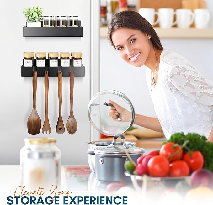 Magnetic Spice Rack for Refrigerator - Strong Magnetized Shelf for Fridge Storage - 2 Pack with Bonus Storage Cups and 4 Moveable Hooks - Versatile Space-Saving Kitchen Organizer Shelves