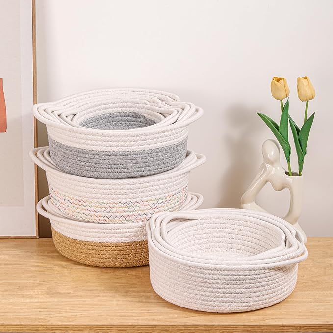 YMhoart Small Storage Woven Baskets Shelves Natural Cotton Rope Bins with Handle Toilet Tank Paper for Countertop Cute Gifts Organizing Mini Nursery 5 Set box (White & Gray)