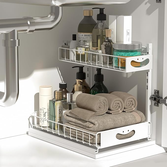 Under Sink Organizer with Pull-Out Drawers,Kitchen Sink Organizer,2 Tier Bathroom Organizers And Storage,Bathroom Accessories Set,White 1 Pack