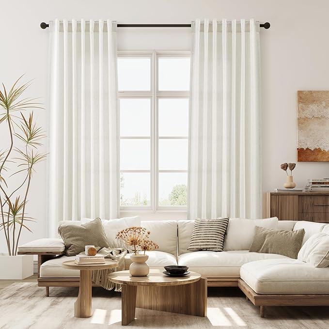 Joywell Beige White Back Tab Rod Pocket Linen Curtains 100 Inches Long 2 Panels for Living Room Bedroom Neutral Boho Farmhouse Rustic Light Filtering Semi Sheer Curtains Window Treatment 52x100