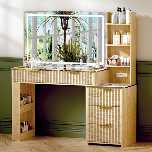 51" Vanity Desk with Power Outlet, Makeup Vanity with Mirror and Lights, 3 Lighting Modes, Vanity Table with Glass Top, 5 Drawers, and Jewelry Storage,Oak-1