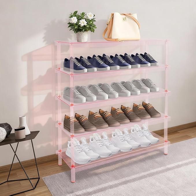 5-Tier Acrylic Shoe Rack in Clear Pink, 22 lbs per Shelf, 5mm Thick Modern Shoe Organizer for Entryway, Living Room, Closet Storage (Pink)