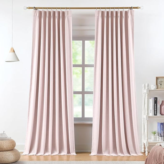 Vision Home Soft Pink Pinch Pleated Full Blackout Curtains Linen Blended Room Darkening Curtain Panels 63 inch for Living Room Bedroom Thermal Insulated Pinch Pleat Drapes with Hooks 40" Wx63 Lx2