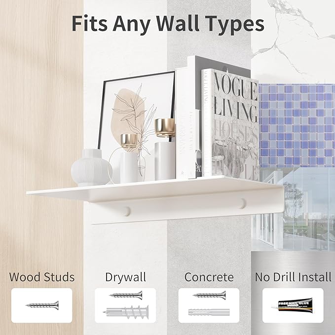 Danpoo Adhesive Floating Shelves for Wall Storage, Metal Wall Shelves, Small Bathroom Shelves Wall Mount, 8" Mini Display Shelves for Collectibles(Silver, 2PCS)