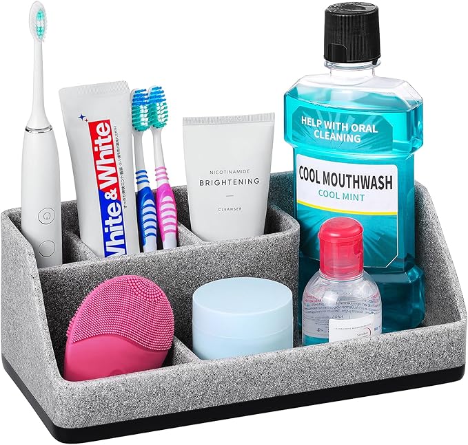 VITVITI Toothbrush Holder for Bathroom, Bathroom Organizer Countertop, Bathroom Accessories with 5 Compartment Storage for Toothpaste/Vanity Counter, Gray Resin of Marble Color