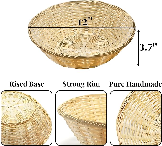 6 Pack Bamboo Bread Basket, 12 Inch Large Round Gift Baskets, Natural Bamboo Woven Wicker Berry Fruit Basket Food Storage Bin for Picnic Kitchen Restaurant