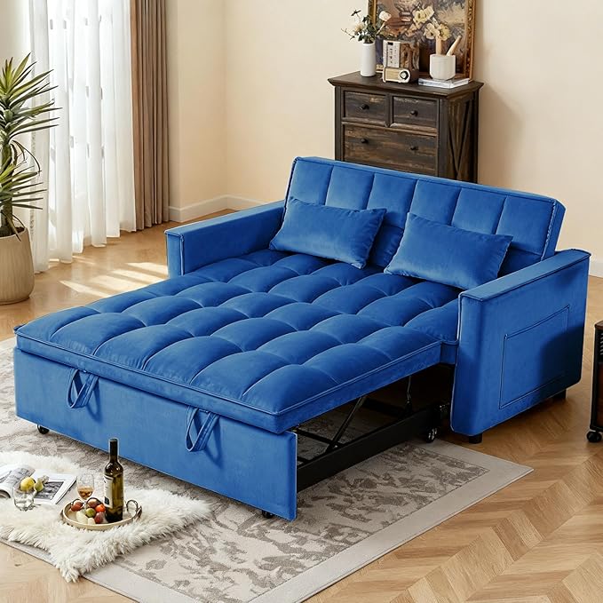 Convertible Sofa Bed, Love Seat Sleeper Bed with Side Pockets, 3 in 1 Velvet Fabric Pull Out Couch with Adjustable Backrest for Living Room, Bedroom, Apartment, Blue