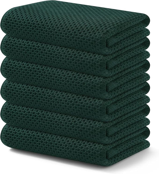 Kitinjoy 100% Cotton Waffle Weave Kitchen Hand Towels (13 X 28 Inches, Blackish Green), 6-Pack Super Soft and Absorbent Dish Towel for Drying Dishes