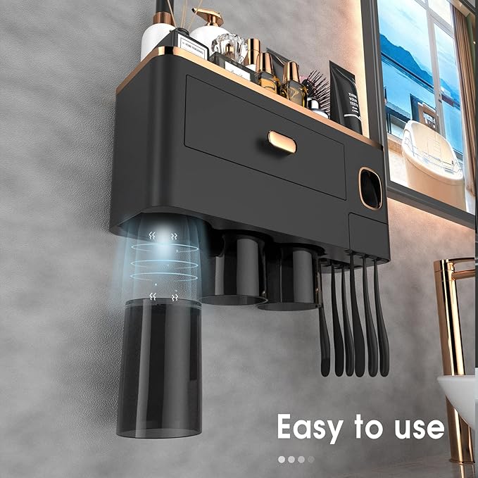 iHave Toothbrush Holders for Bathrooms - Upgrade Wall Mounted Toothbrush Holder with Toothpaste Dispenser - 3 Cups, Large Capacity Tray - Bathroom Accessories & Bathroom Storage