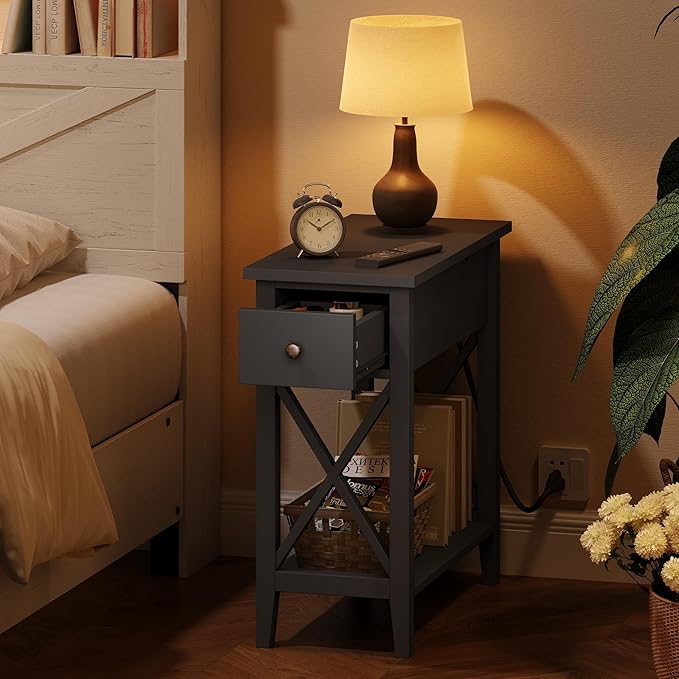 ChooChoo End Table with Charging Station, Narrow Side Table with USB Ports and Outlets, Nightstand with Drawer, for Small Spaces, Bedside Tables for Living Room, Black