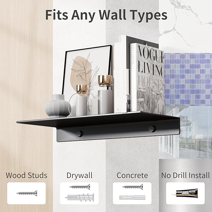 Danpoo Small Floating Shelves for Wall Storage, Mini Display Shelves for Collectibles, Metal Wall Shelves for Bathroom/Living Room/Kitchen/Bedroom(Black, 8")