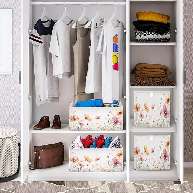 Bolaz Flowers on White Background Closet Organizers Storage Cubes Storage Bins Shelf Baskets Containers for Home Room Office,Rectangle