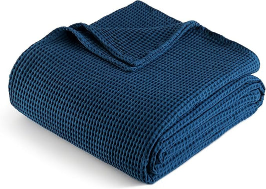Exclusivo Mezcla 100% Cotton Waffle Weave Throw Blanket, Soft, Lightweight and Breathable Muslin Gauze Blanket for Couch, Sofa, All Season, 50"x70", Navy Blue