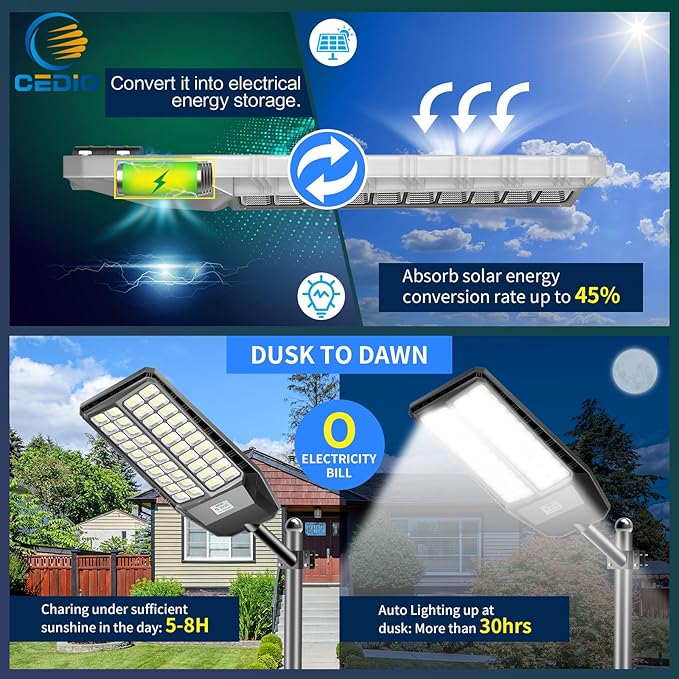 CEDIO Solar Street Lights, Outdoor Solar Lights IP66 Waterproof Street Light Dusk to Dawn, LED Flood Light with Motion Sensor for Yard (9800W-2PACK)