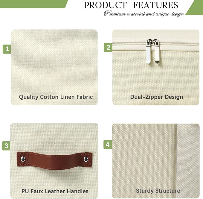 3 Pack Storage Bins with Zipper Lid Fabric Lidded Storage Boxes Baskets Cubes Washable Collapsible PU Leather Handle Cotton Linen Fabric Shelf Closet Organizer Container(Beige, Small Size)
