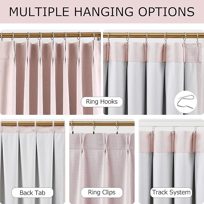 Vision Home Soft Pink Pinch Pleated Full Blackout Curtains Linen Blended Room Darkening Curtain Panels 63 inch for Living Room Bedroom Thermal Insulated Pinch Pleat Drapes with Hooks 40" Wx63 Lx2