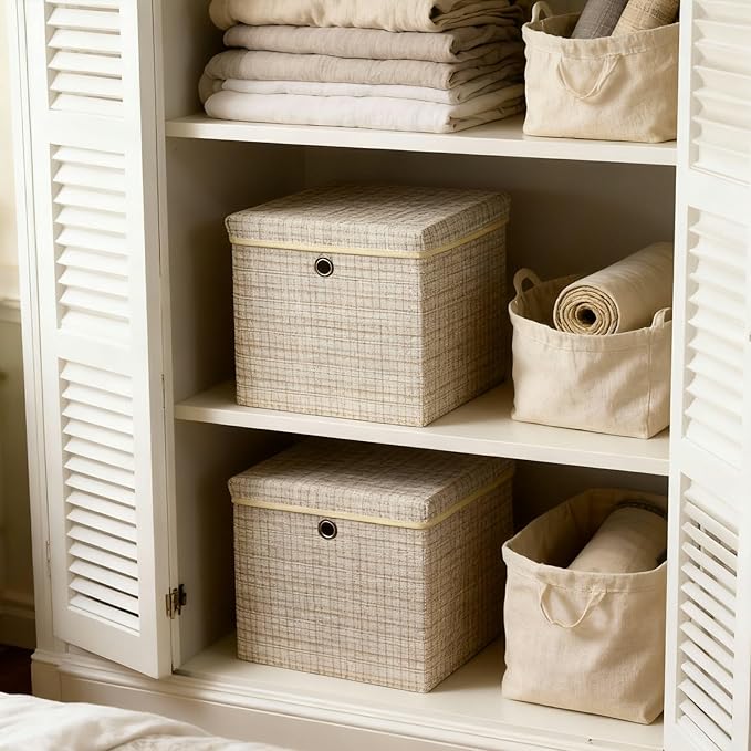 modscape 4-Pack 12"x12" Fabric Cube Storage Bin with Lid, Foldable Collapsible Fabric Storage Bins for Clothes Toys, Sturdy Storage Cube for Bedroom Closet Shelves Home Organization (Shining Beige 4)