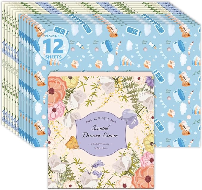 SCENTORINI Scented Drawer Liners for Dresser,6 Linen + 6 Baby Powder Scent Drawer Paper Liners, Paper Sheets Liner 14.3x19.5 Inch, for Fragrant Home Shelf Closet Bedroom Drawer