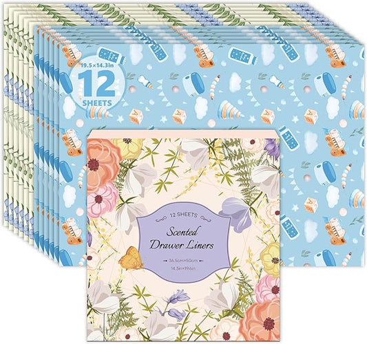SCENTORINI Scented Drawer Liners for Dresser,6 Linen + 6 Baby Powder Scent Drawer Paper Liners, Paper Sheets Liner 14.3x19.5 Inch, for Fragrant Home Shelf Closet Bedroom Drawer