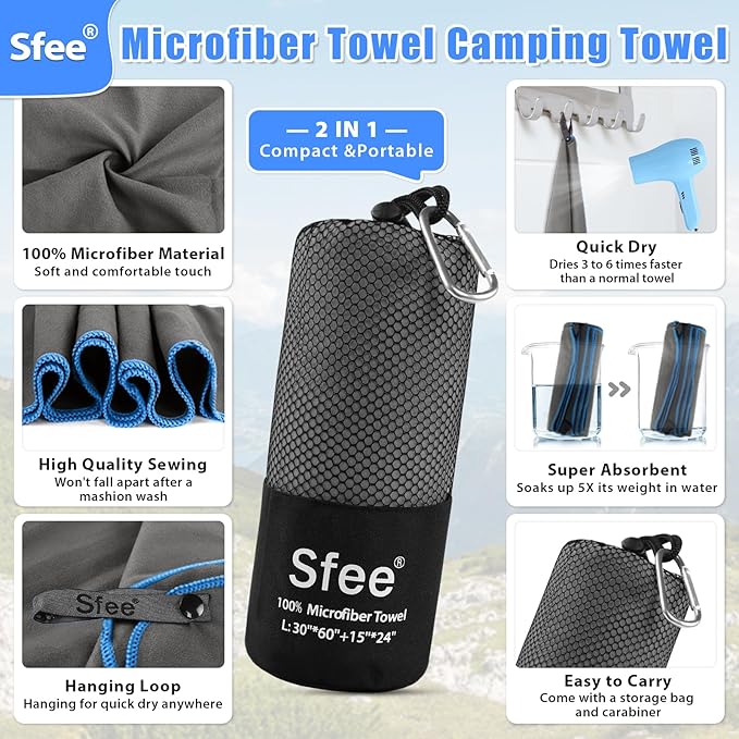 2 Pack Microfiber Travel Towel, Quick Dry Camping Towel Large Beach Towel Super Absorbent Compact Lightweight Sports Gym Towels for Yoga, Gym, Hiking, Pool, Backpacking, Bath
