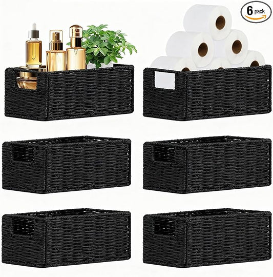 Small Wicker Baskets, Wicker Woven Storage Basket Toilet Paper Baskets with Handles, Towel Basket for Bathroom Organizing Shelves (Black)