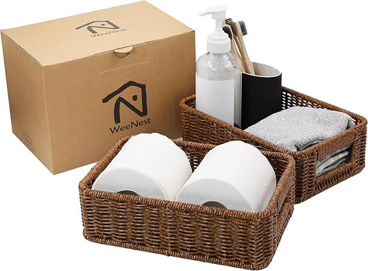 Baskets for Organizing, Small Wicker, Storage Bins for Bathroom and Toilet Paper Rolls, Hand Woven Tank Topper with Handle, Set of 2, Toffee