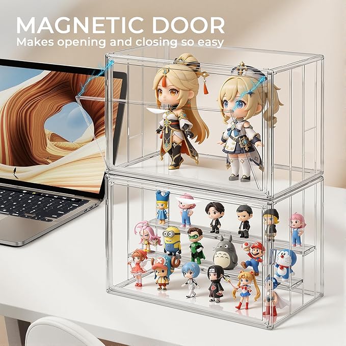 Clear Acrylic Display Case for Collectibles 3 Layer Adjustable Figure Display Box with 2 Movable Plates, Stackable Figurine Display Shelf with Magnetic Door for Action Figures, Funko (Large-1pcs)