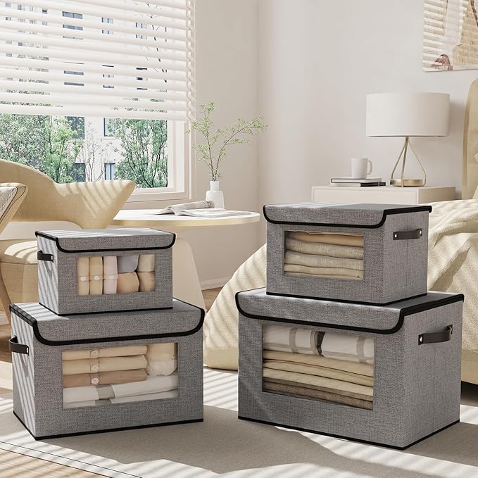 Foldable Storage Baskets with Lids, Fabric Closet Organizers with Handles, 13 x 9.1 x 7.9 Inch Storage Boxes for Shelves, Gray, 5-Pack