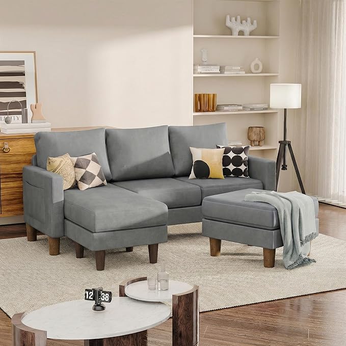 JUMMICO L Shape Sectional Sofa Couch, 3 Seat Convertible Sofa with Movable Ottoman and Side Storage Pockage, Modern Sofa Small Couches for Living Room & Apartment and Small Space (Linen, Grey)