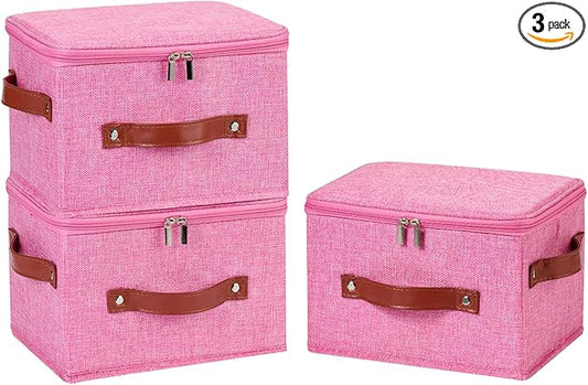 3PCS Storage Bins Boxes with Zippered Lids Cotton Linen Fabric Decorative Basket PU Leather Handles PP Plastic Board Foldable Lidded Clothing Shelf Closet Organizer Container (Pink, Small)