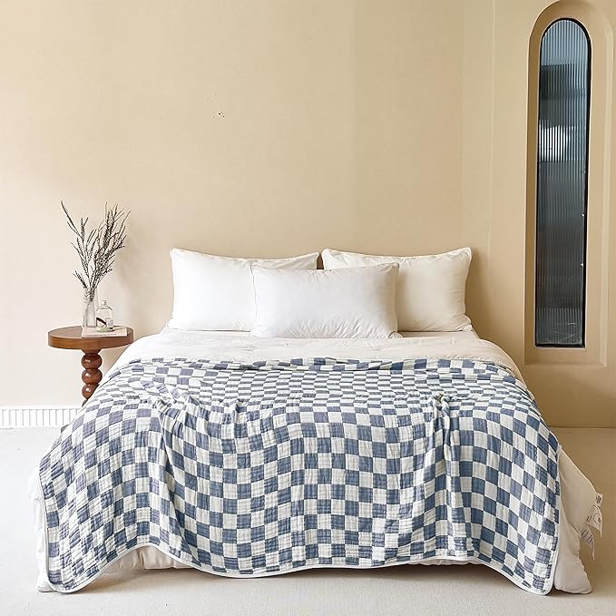 6-Layer Gauze Muslin Blanket 100% Cotton Blue Checkerboard King Size 90"x104" Cooling Throw Blanket Lightweight Soft and Breathable Cozy Blanket Bed Coverlet Both Sides (Blue Checkerboard, King)