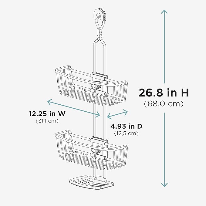 Zenna Home NeverRust Shower Caddy Hanging Bathroom Organizer, Aluminum Shower Rack with 2 Adjustable Shelves and Built in Hooks, Over Shower Head Storage System, Satin Chrome