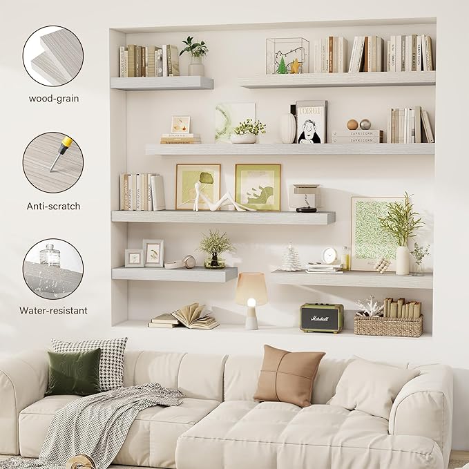 30 Inch Floating Shelves, 12" Deep Floating Shelf Wall Mounted, 30" Wall Shelves, Rustic Deep Bookshelf, Extra Deeper & Thicker Display Shelves for Bedroom, Living Room, Gray, Set of 2