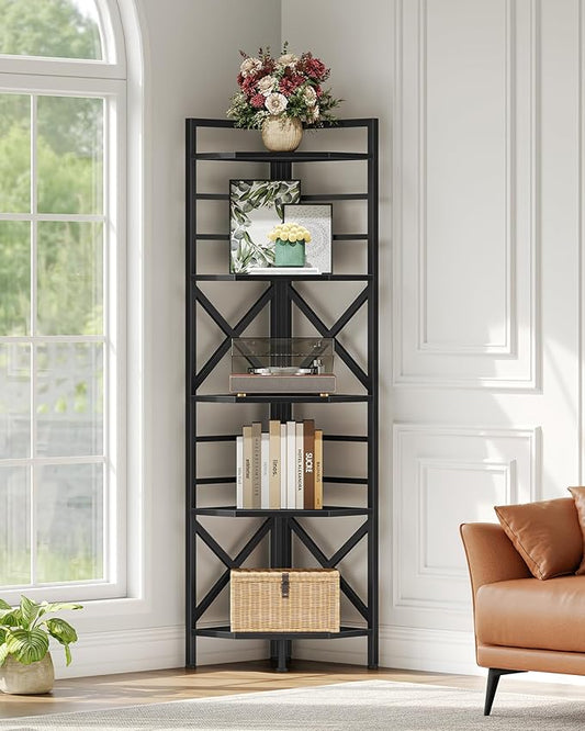 69.3" Corner Shelf 5-Tier, Large Corner Shelving Unit, Freestanding Storage Stand for Bedroom, Living Room, Kitchen, Industrial Engineered Wood Bookshelf Organizer, Black TCJ15BB