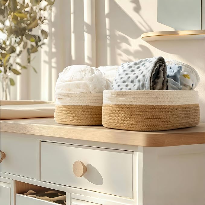 Storage Basket Set – 5-Piece Baskets for Organizing Home, Shelves, Nursery, Bathroom, Dog Toys, Small to Large Decorative Baskets – White and Khaki
