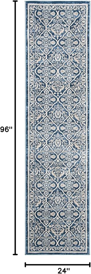 SAFAVIEH Brentwood Collection 2' x 8' Navy / Light Grey BNT870M Oriental Damask Trellis Non-Shedding Living Room Entryway Foyer Hallway Bedroom Runner Rug