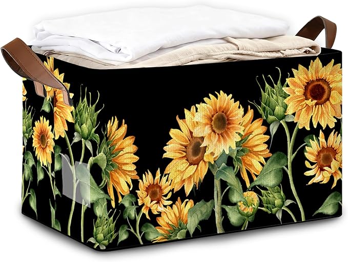 Storage Bin with Handles, Sunflowers Collapsible Laundry Baskets for Books, Laundry - Use in Nursery, Closet Organizers and Storage, Blanket Basket