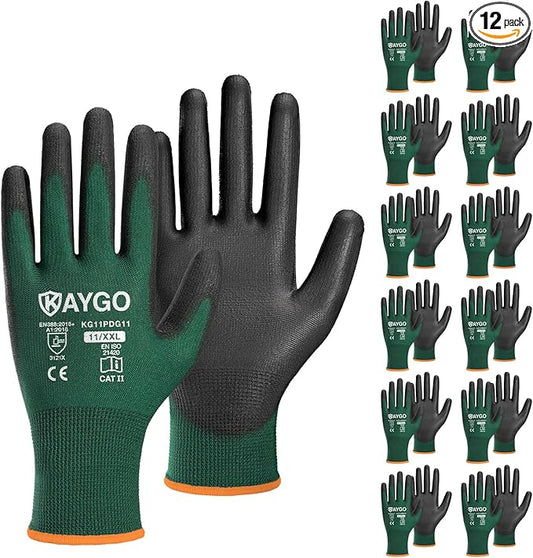 KAYGO Work Gloves for Men and Women,12 Pairs Seamless Knit PU Coated Safety Gloves, with Smooth Grip on Palm and Fingers, Ideal for Light Warehouse, Manufacturing, Gardening, KG11P (2XL,Dark Green)