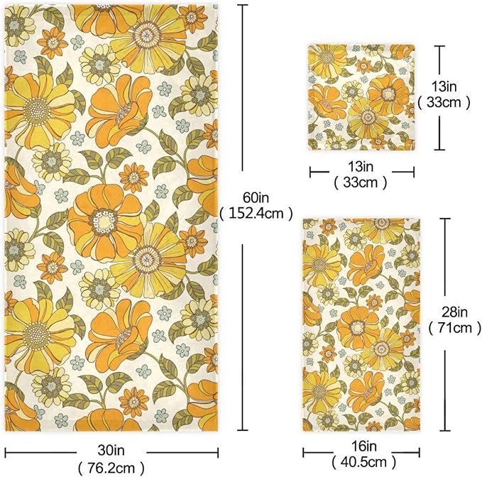 3 Piece Retro 70s Floral Bath Towel Set,Microfiber Decorative Vintage Hippie Orange Groovy Daisy Flower Bathroom Towels,1 Bath Towel 1 Hand Towel for Bathroom Kitchen,1 Washcloth for Face