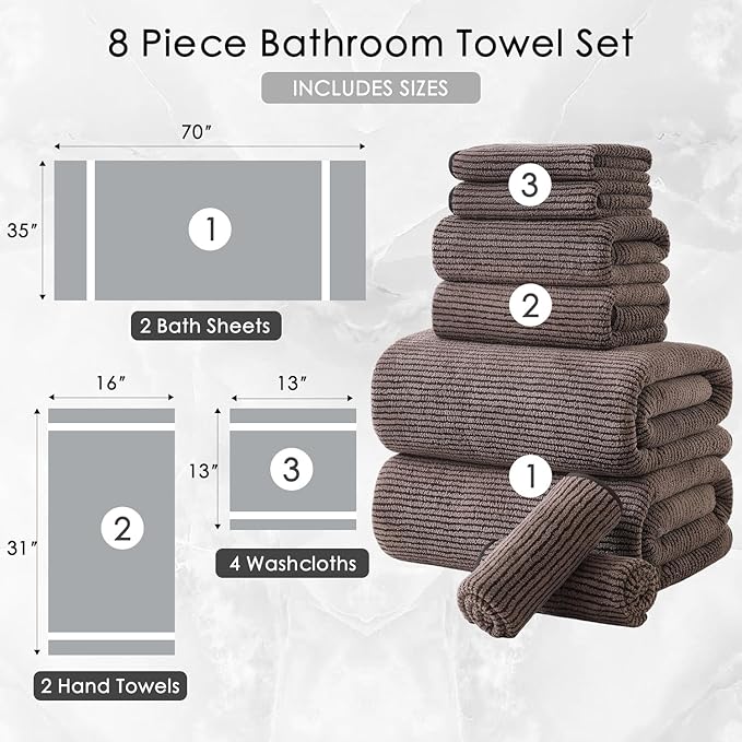 8-Piece Premium Towel Set for Bathroom|2 Oversized Large Bath Sheet,2 Hand Towels,4 Washcloths|Soft Cozy Highly Absorbent Fast Dry Microfiber Shower Towel Set for Hotel Bathroom Essentials,Dark Brown